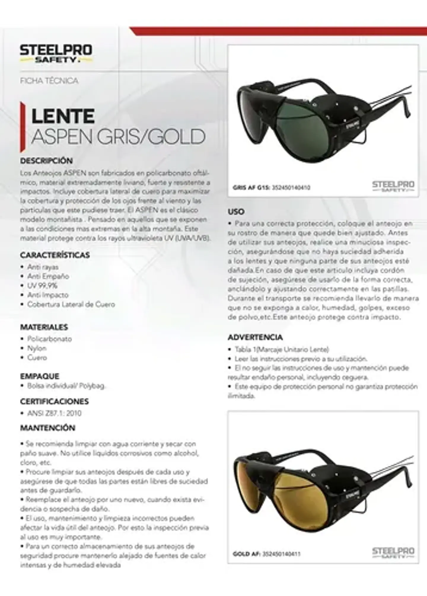 Lente Aspen Steelpro colores Gris - Gold 3