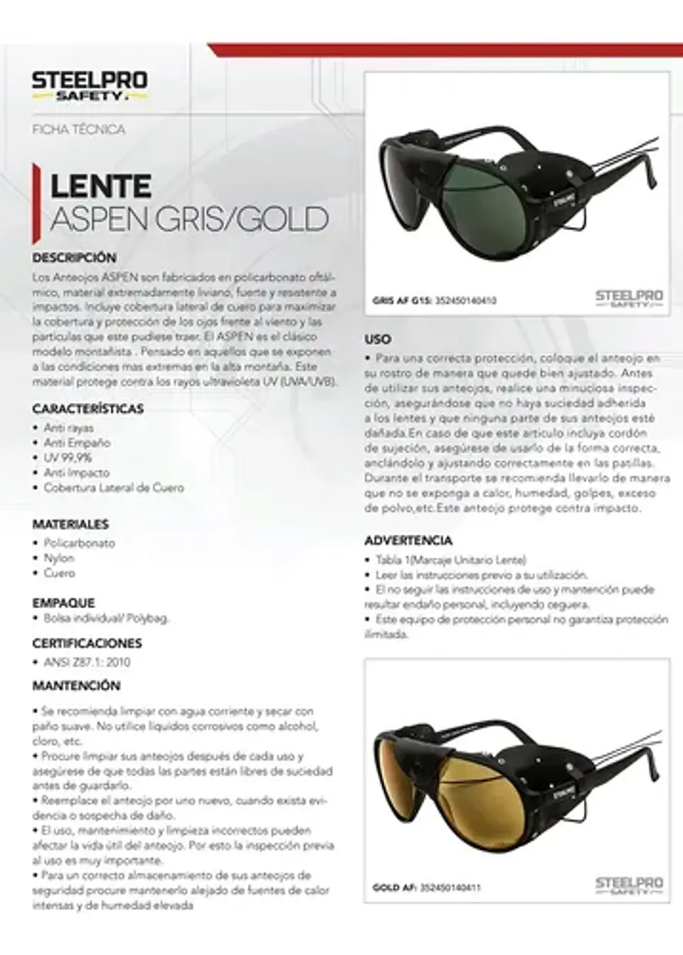 Lente Aspen Steelpro colores Gris - Gold 3
