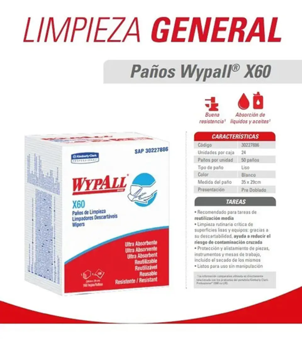 Paños Limpieza Kimberly-clark Wypall X60 Reutilizables 50u Blanco 2