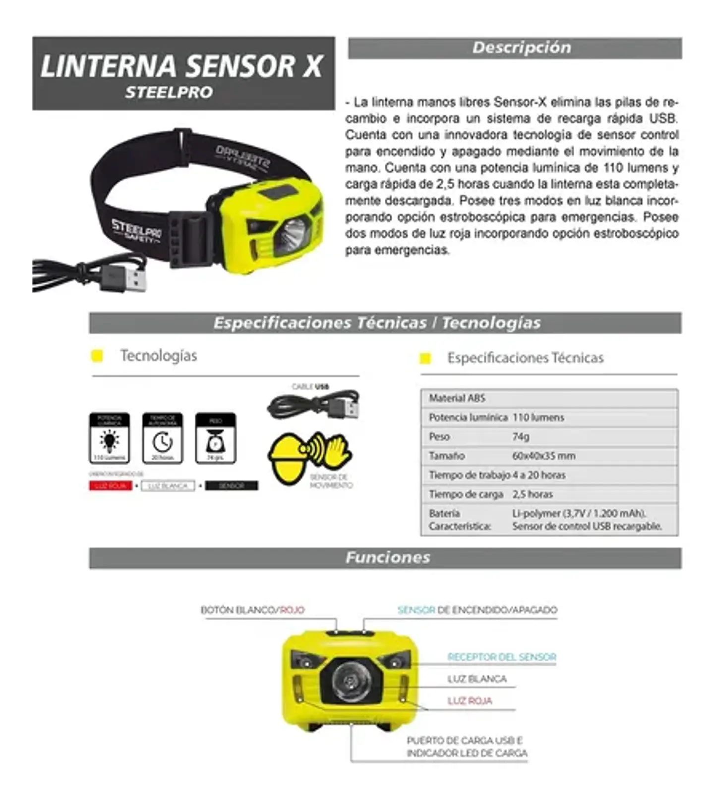 Linterna Recargable Steelpro Sensor-x Blanco Amarillo 6