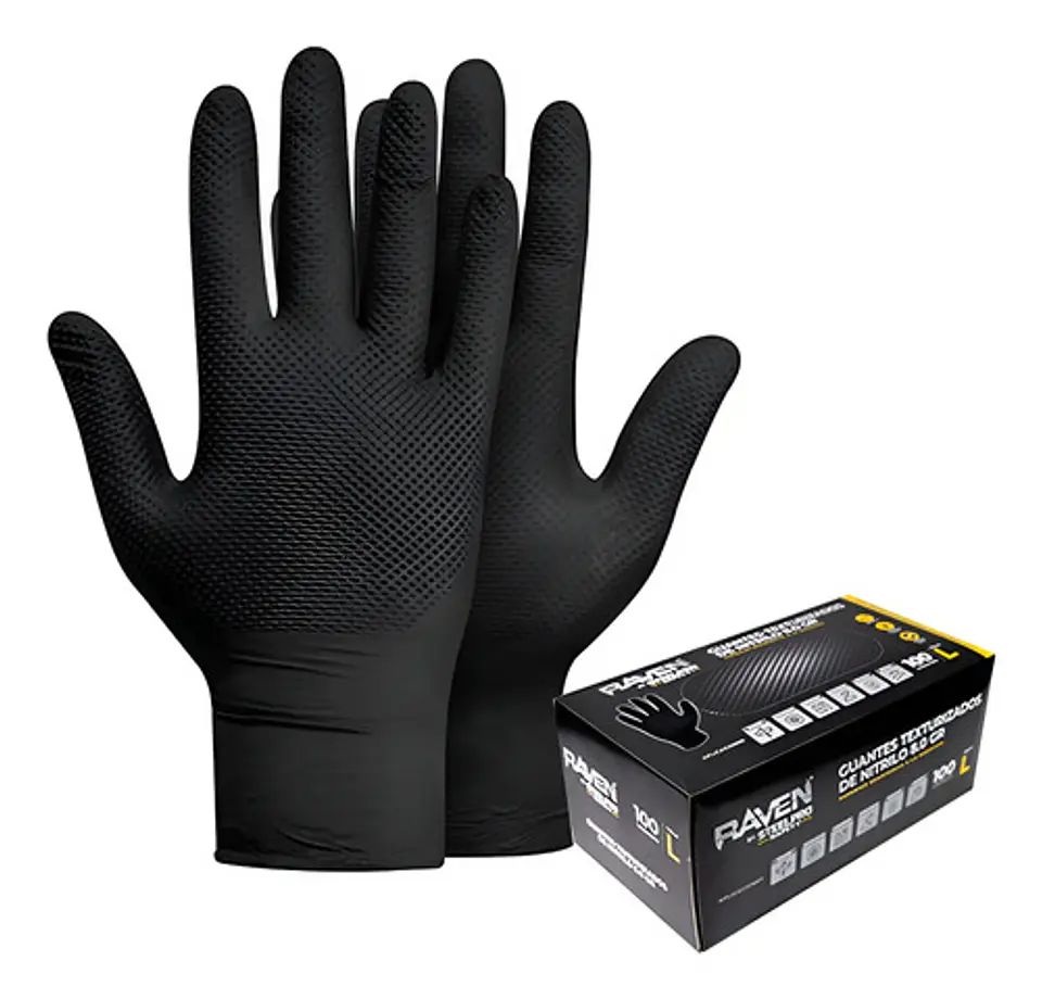 Guante Mecanico Raven Nitrilo Texturizado Negro 8.0gr 100un. 1