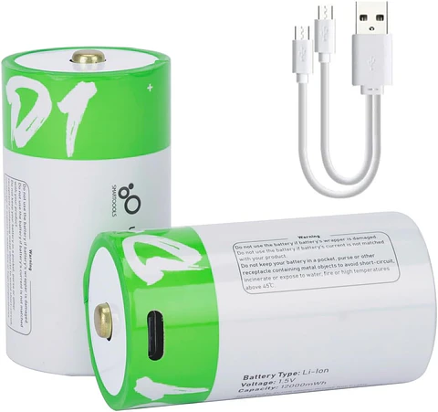Pack 2 Pilas Tipo D Ion Litio Recargable USB-C