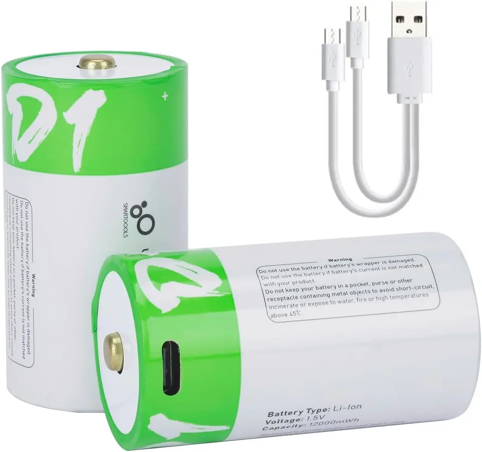 Pack 2 Pilas Tipo D Ion Litio Recargable USB-C 1