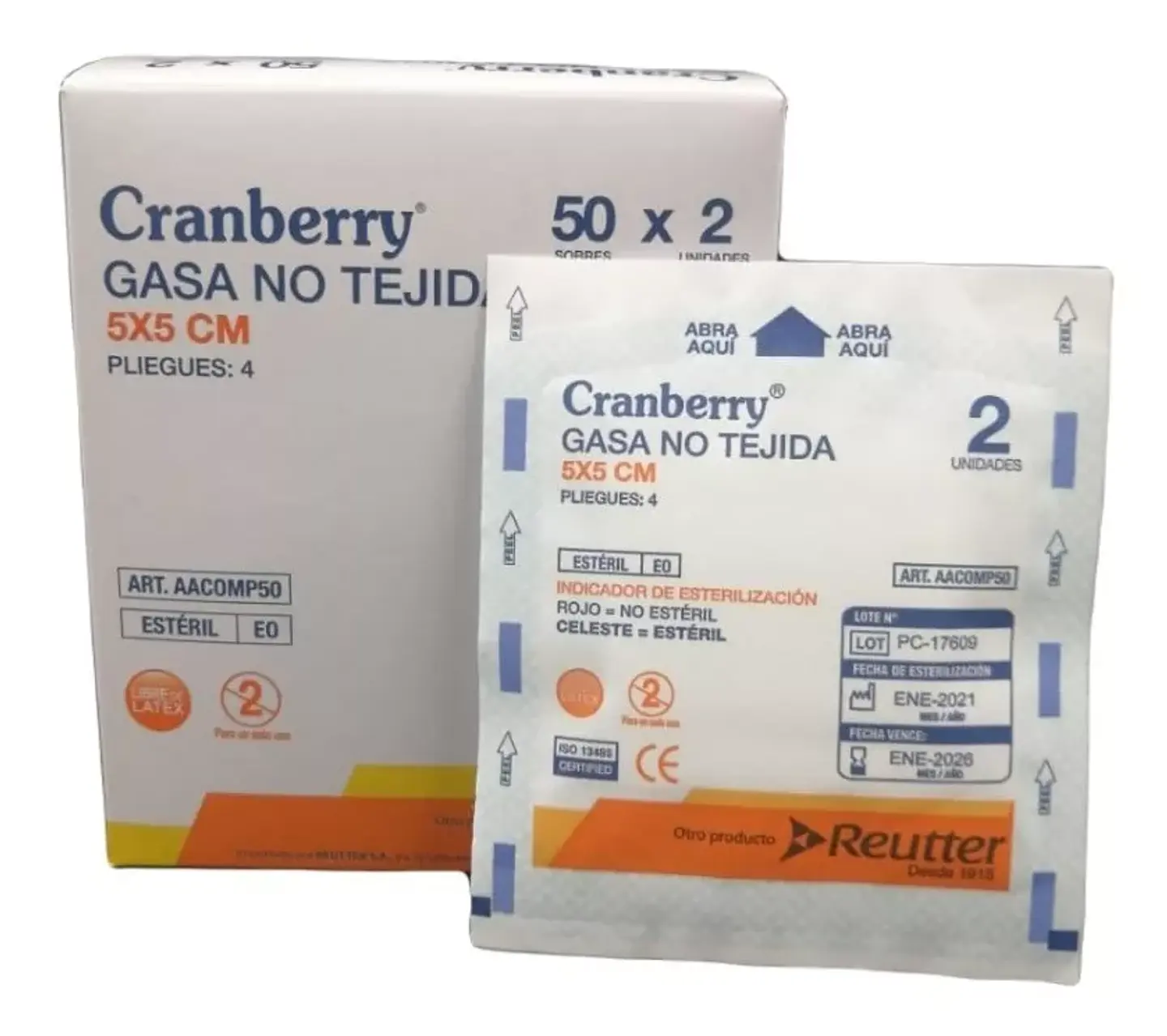 Gasa Estéril No Tejida Cranberry 5x5  Caja 50 Sobres 1