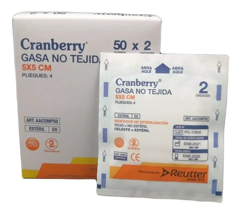 Gasa Estéril No Tejida Cranberry 5x5  Caja 50 Sobres 1