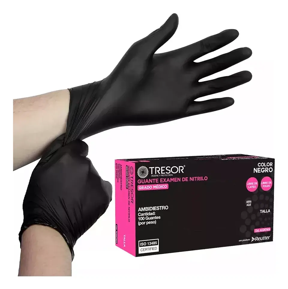 Guantes De Nitrilo Negro Antideslizantes Tresor 100 Unidades  2