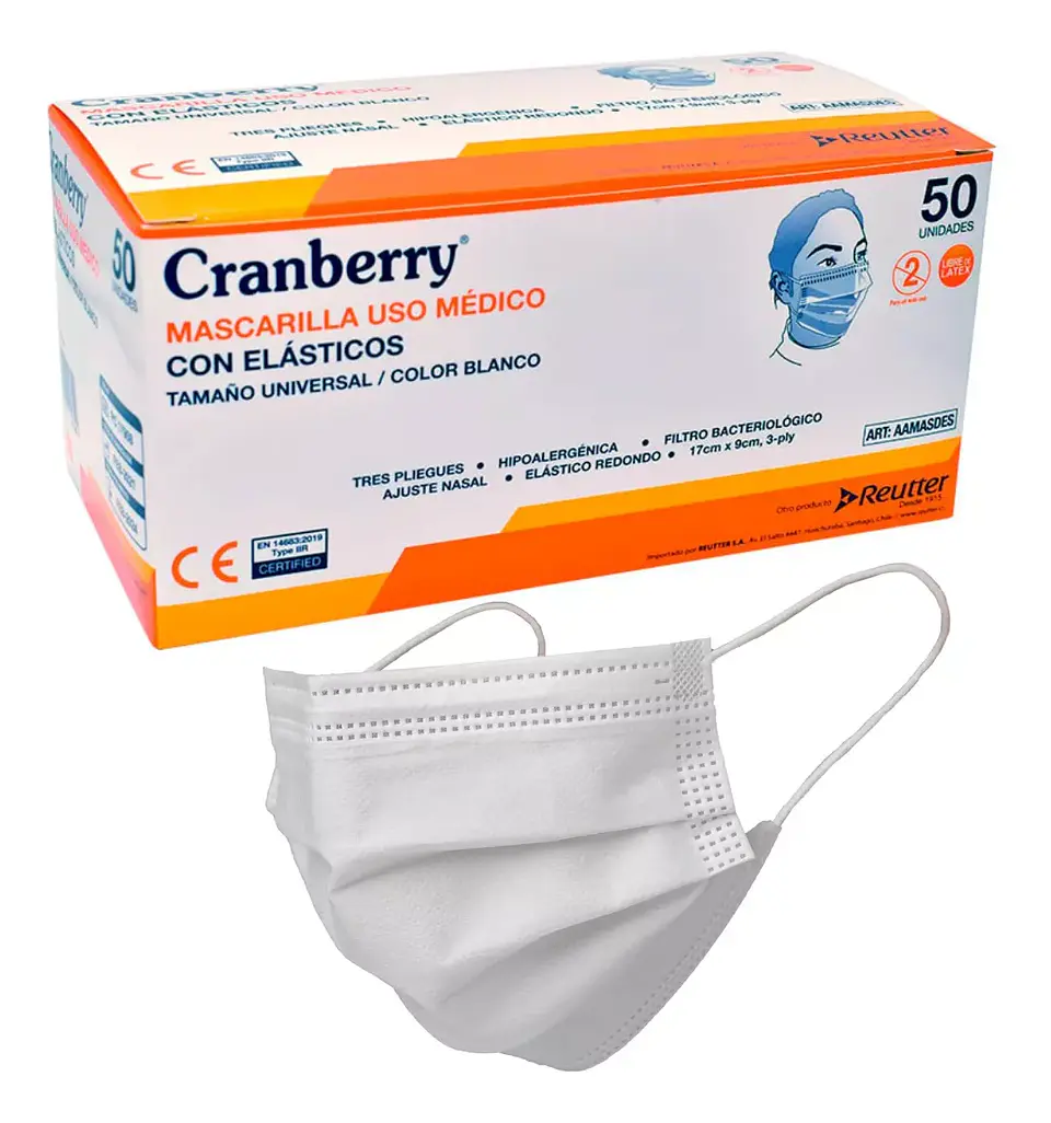 Mascarilla 3 Pliegues Con Elásticos 50 Unidades - Cranberry 1