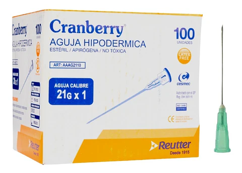 Aguja HiPodérmica 21g X 1 Caja 100 Unidades - Cranberry