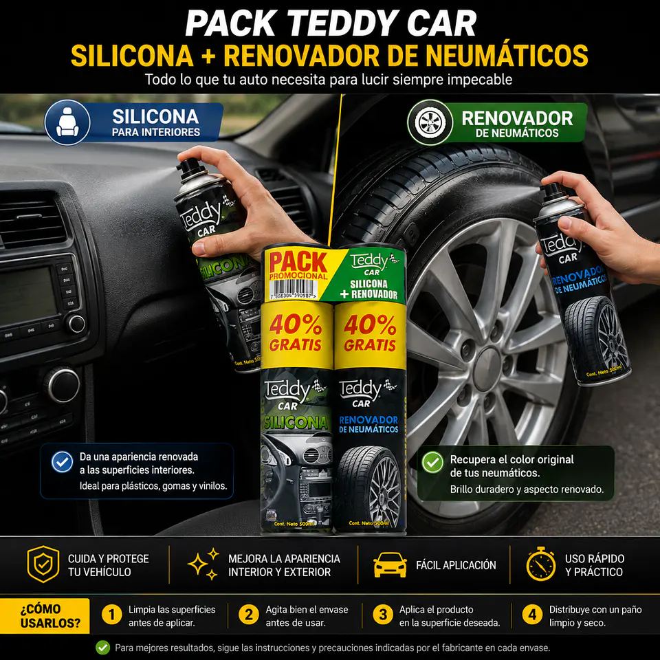 Pack Teddy Car Silicona Interior + Renovador Neumáticos 2
