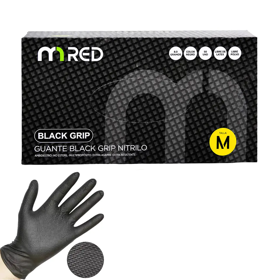 Guantes de Nitrilo Negro Texturizado 50 Unidades - Mred  2
