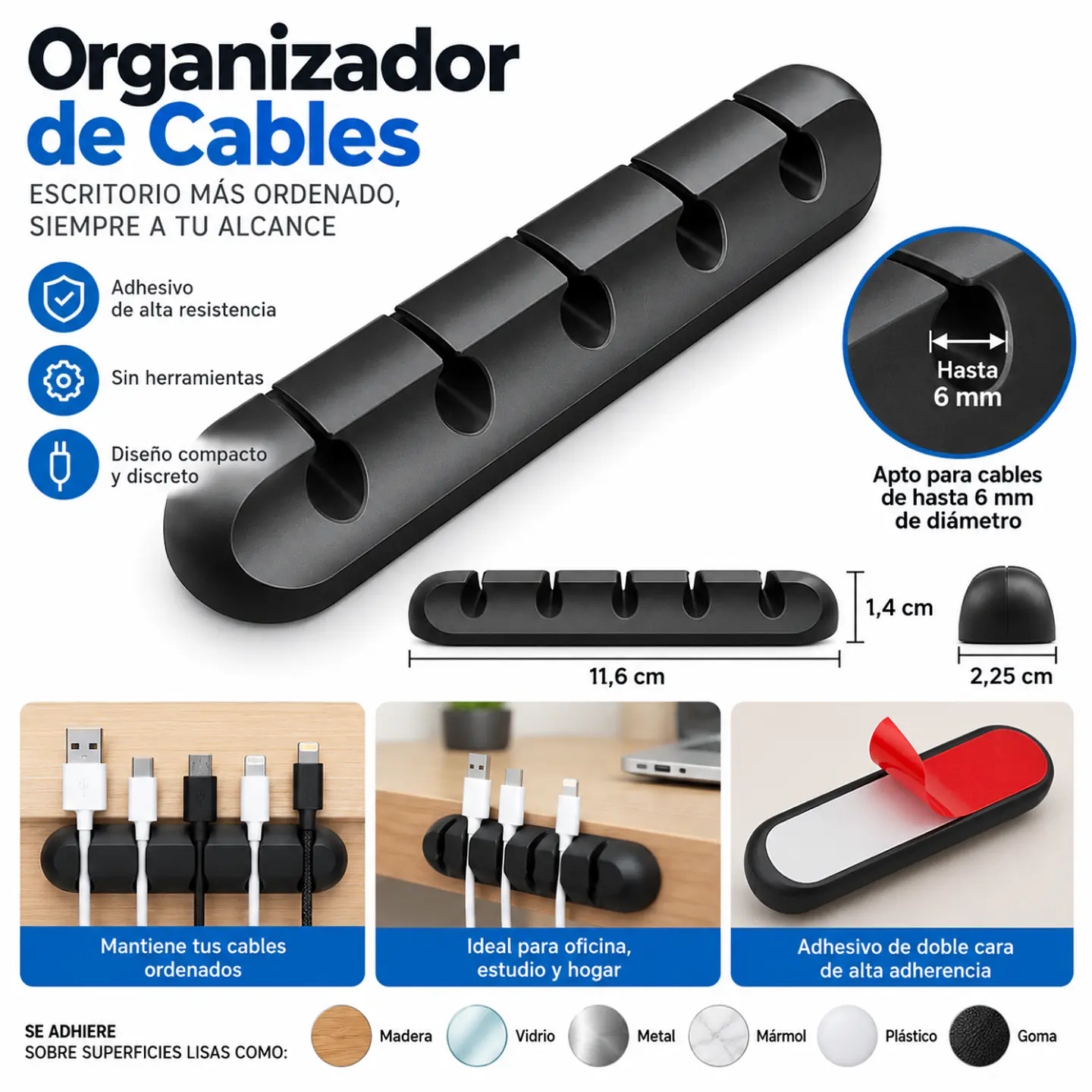 Organizador De Cables Silicona Negro 5 Ranuras Isofit 2