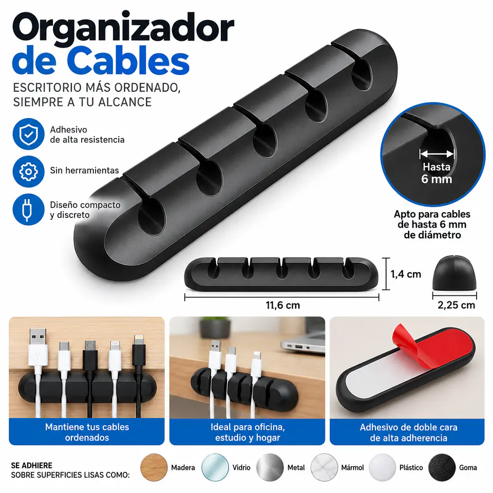 Organizador De Cables Silicona Negro 5 Ranuras Isofit 2