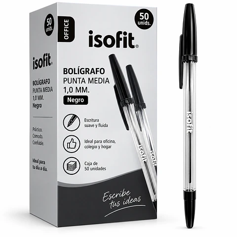 Bolígrafo Isofit Punta Media 1,0 Mm Negro Caja 50 Unidades