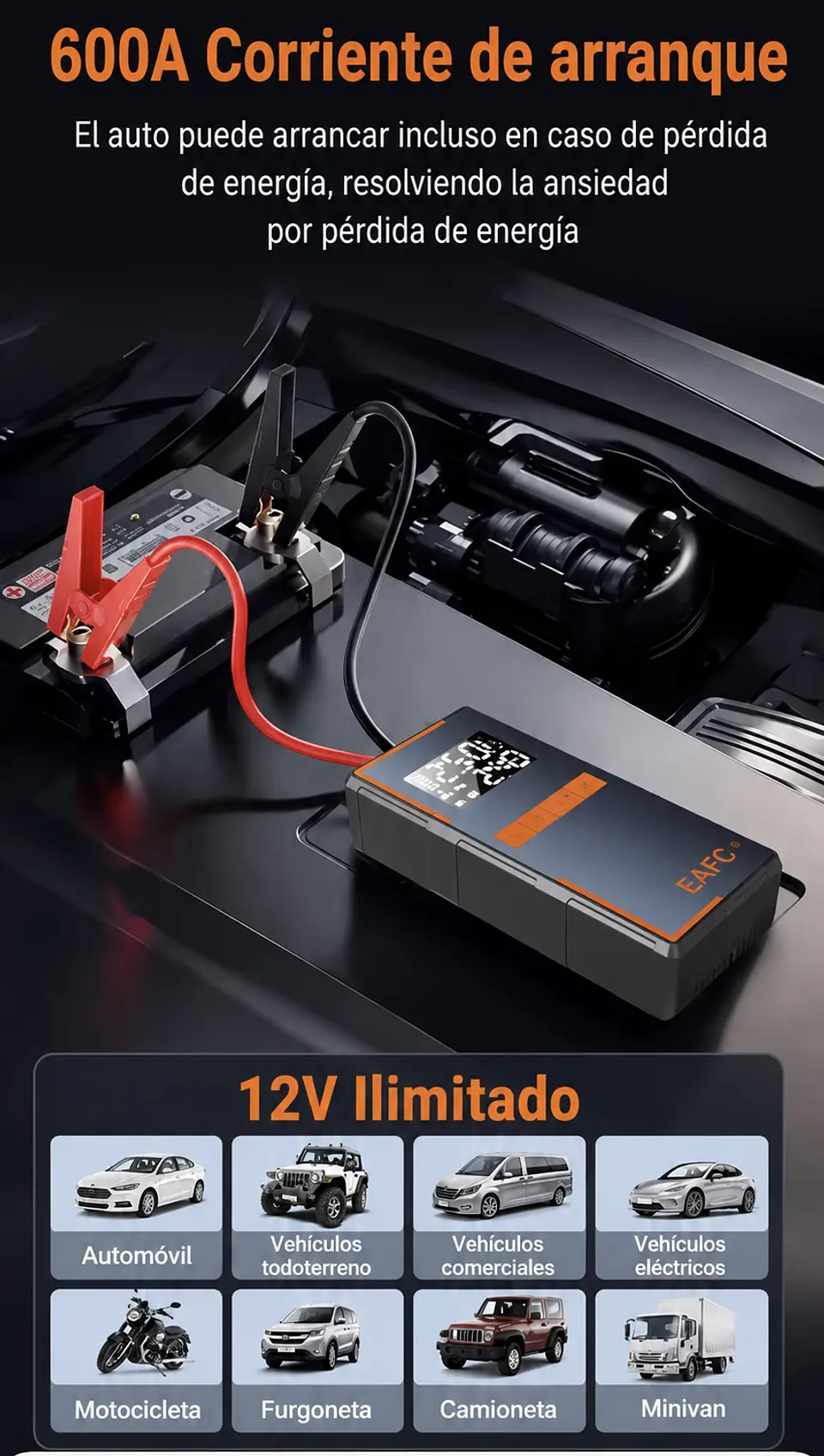 Arrancador De Batería con Compresor/linterna/powerbank. Incluye Bolso 8