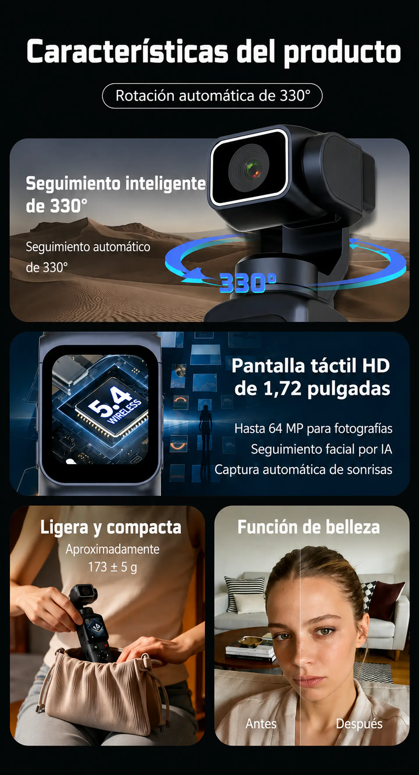 Cámara Pocket Vlog 4K Gimbal IA Wifi Seguimiento Facial 5