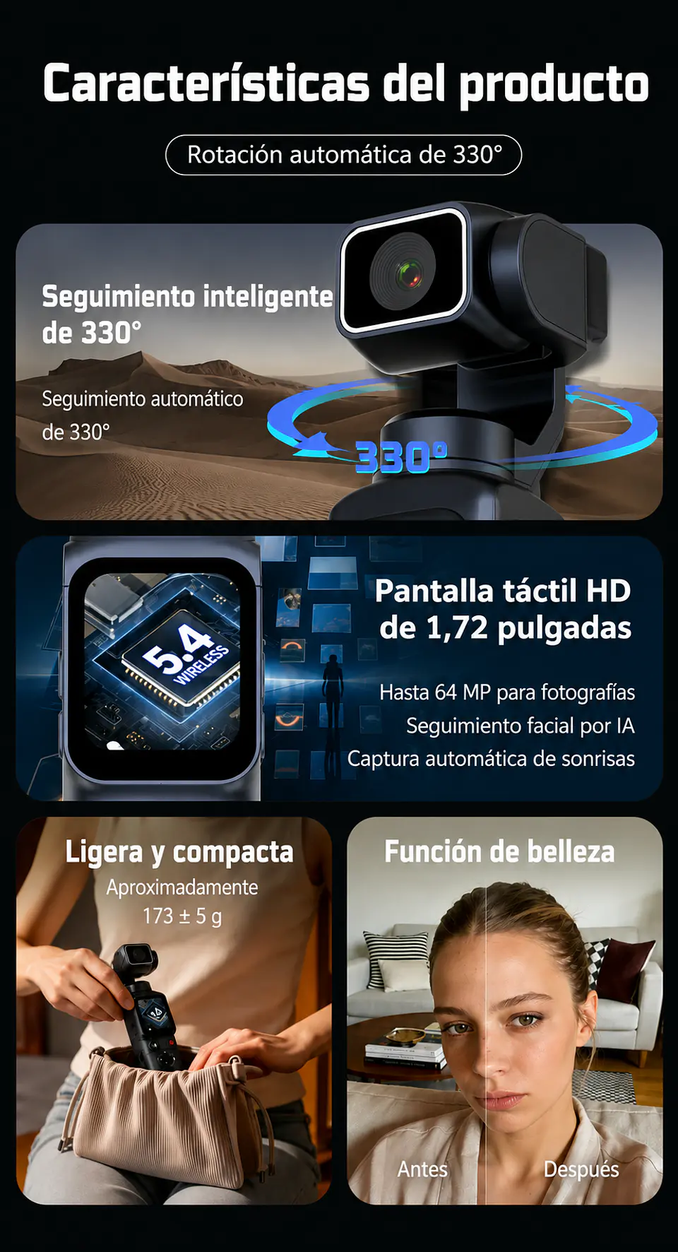 Cámara Pocket Vlog 4K Gimbal IA Wifi Seguimiento Facial 5