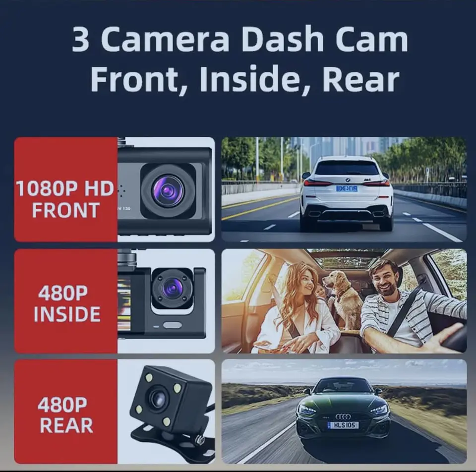 Cámara Dashcam Triple Cámara. Incluye cámara de retroceso 3