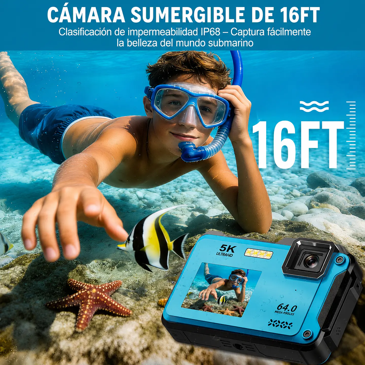 Cámara Sumergible 5K 64MP sumergible IP68 con WIFI + Memoria 32GB 2