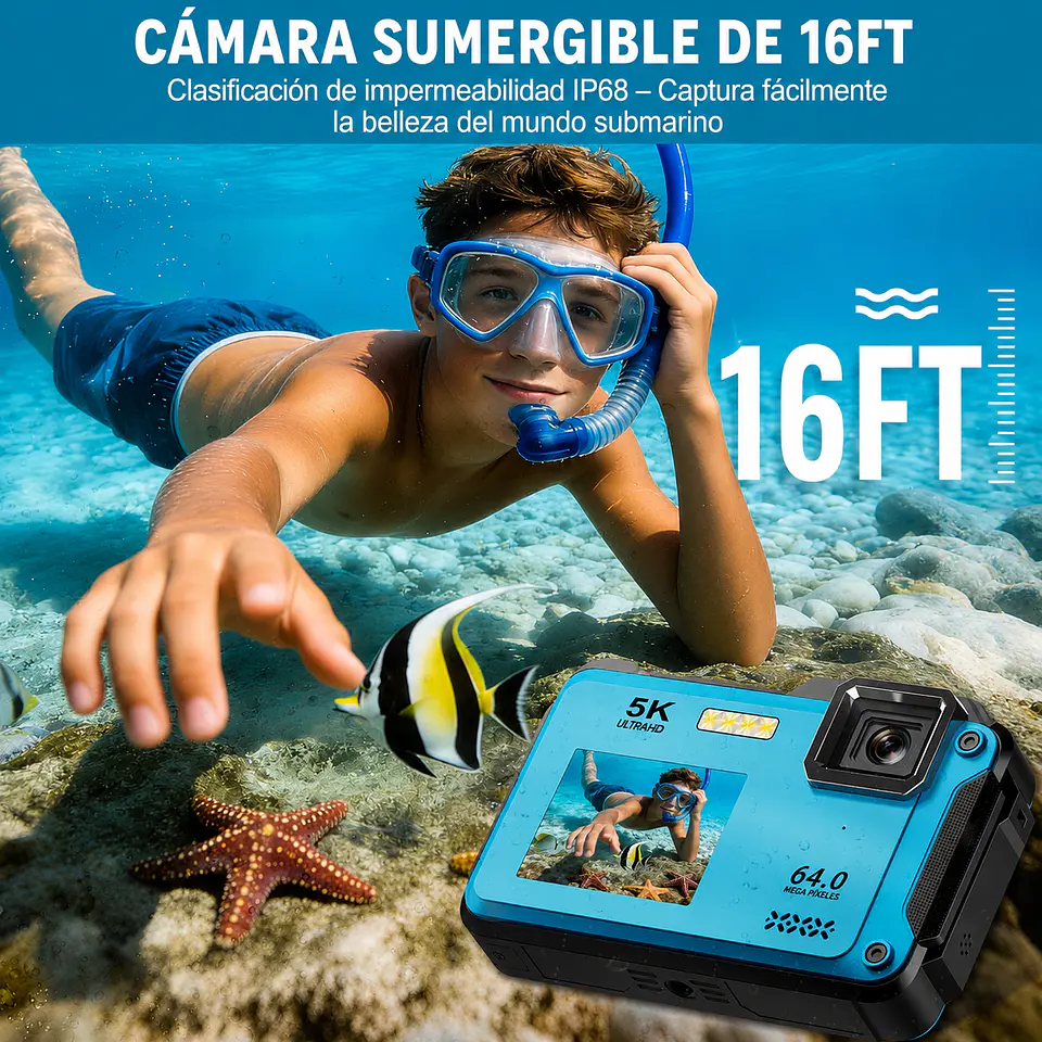 Cámara Sumergible 5K 64MP sumergible IP68 con WIFI + Memoria 32GB 2