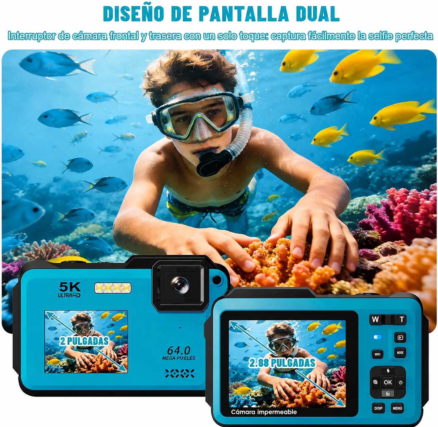 Cámara Sumergible 5K 64MP sumergible IP68 con WIFI + Memoria 32GB 3