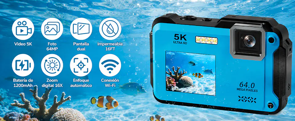 Cámara Sumergible 5K 64MP sumergible IP68 con WIFI + Memoria 32GB 5