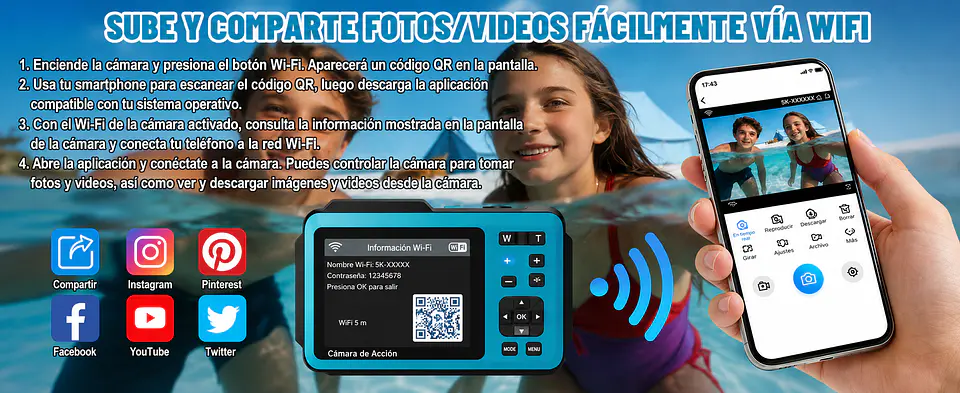Cámara Sumergible 5K 64MP sumergible IP68 con WIFI + Memoria 32GB 6