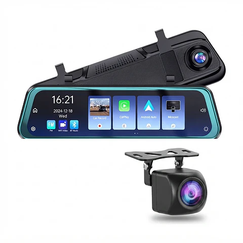Cámara espejo Carplay 9,66" con cámara frontal y reversa. Resolución 4K