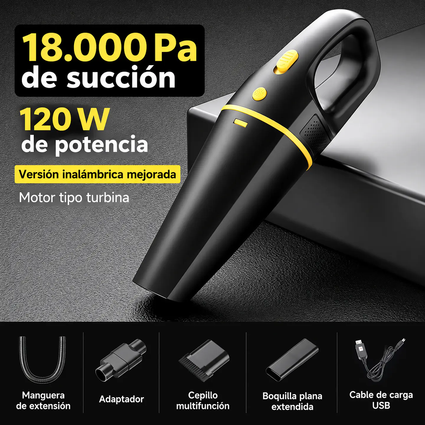 Aspiradora Inalámbrica Auto Hogar 18000Pa 120W 20000RPM. Incluye Bolso 5