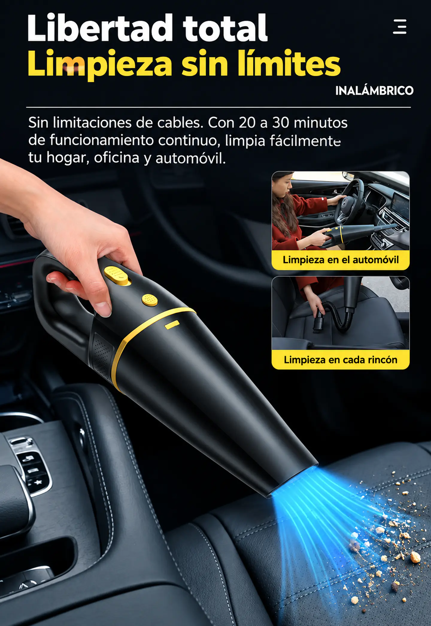 Aspiradora Inalámbrica Auto Hogar 18000Pa 120W 20000RPM. Incluye Bolso 7