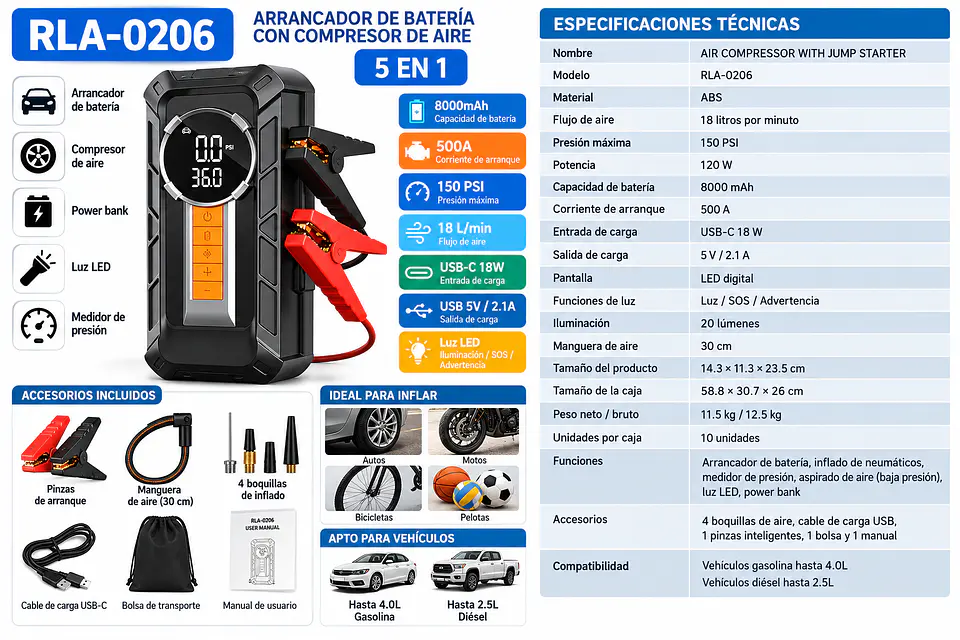 Arrancador Batería/ Compresor/linterna/Powerbank. Incluye Bolso 6