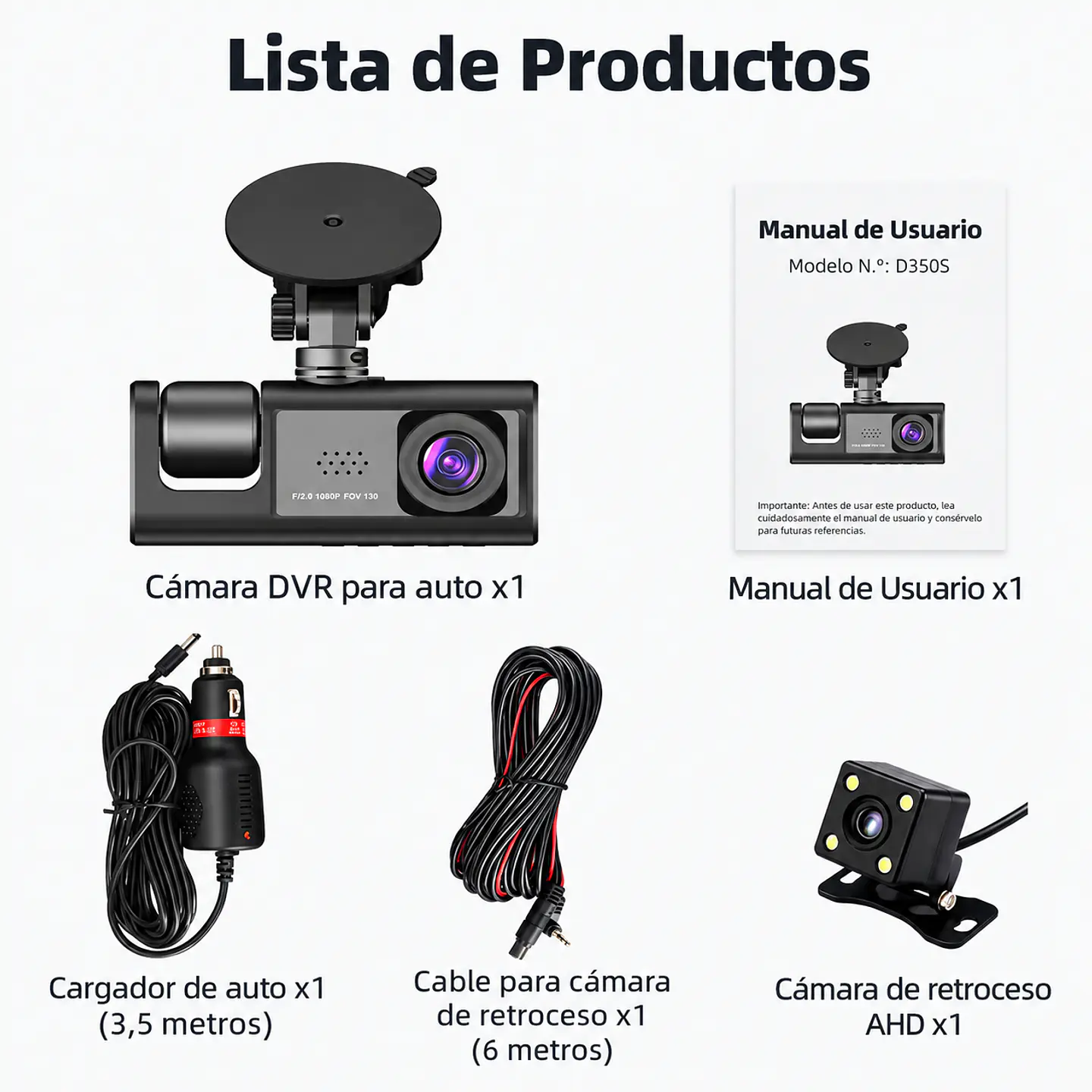 Cámara DVR 3 Canales 1080P WiFi para Auto + Cámara Trasera 2