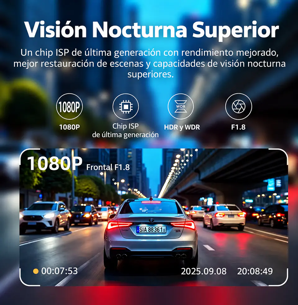 Cámara DVR 3 Canales 1080P WiFi para Auto + Cámara Trasera 7