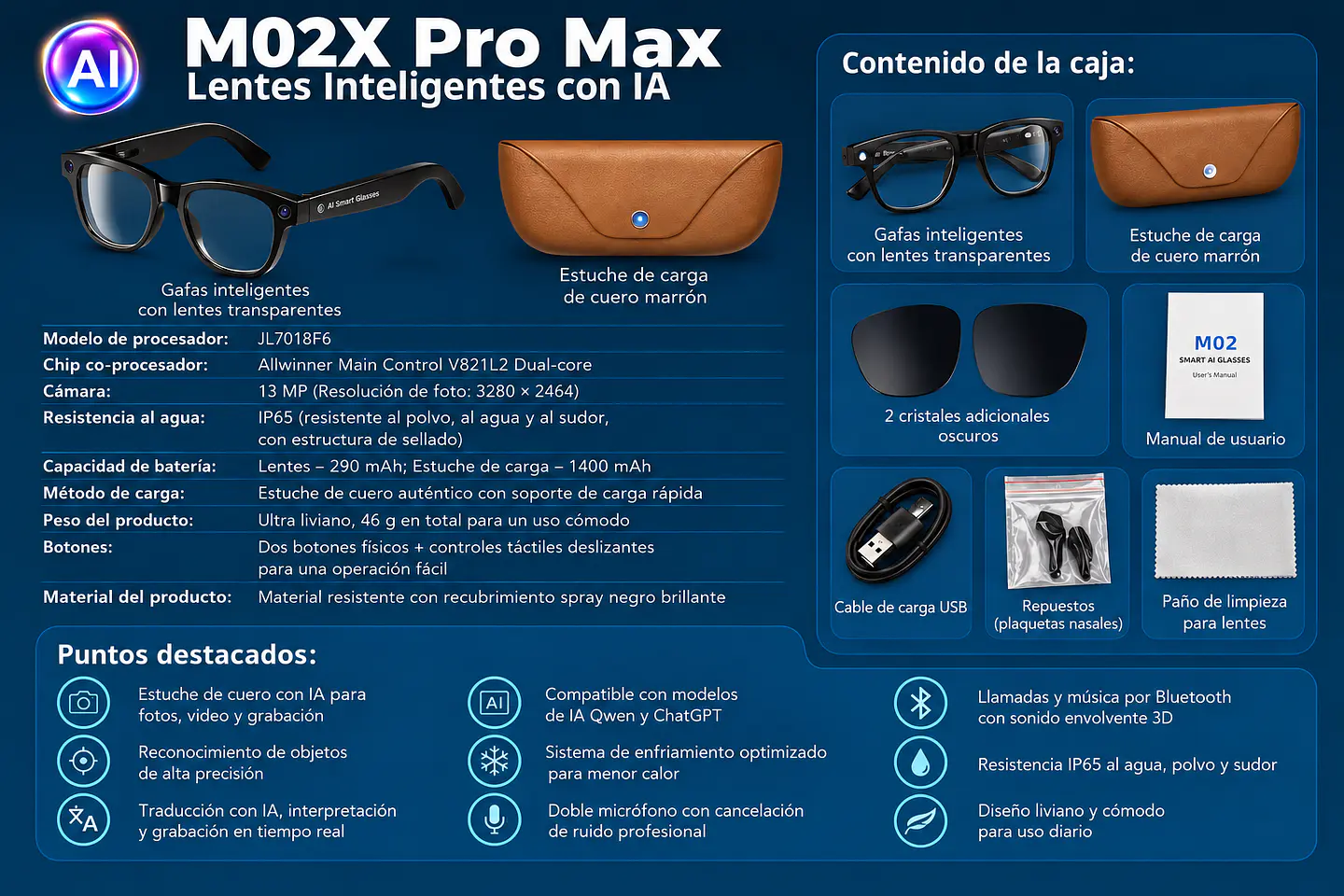 Gafas Inteligentes M02X Pro Max 13MP IA/Wifi/Cámara + Estuche de carga 8