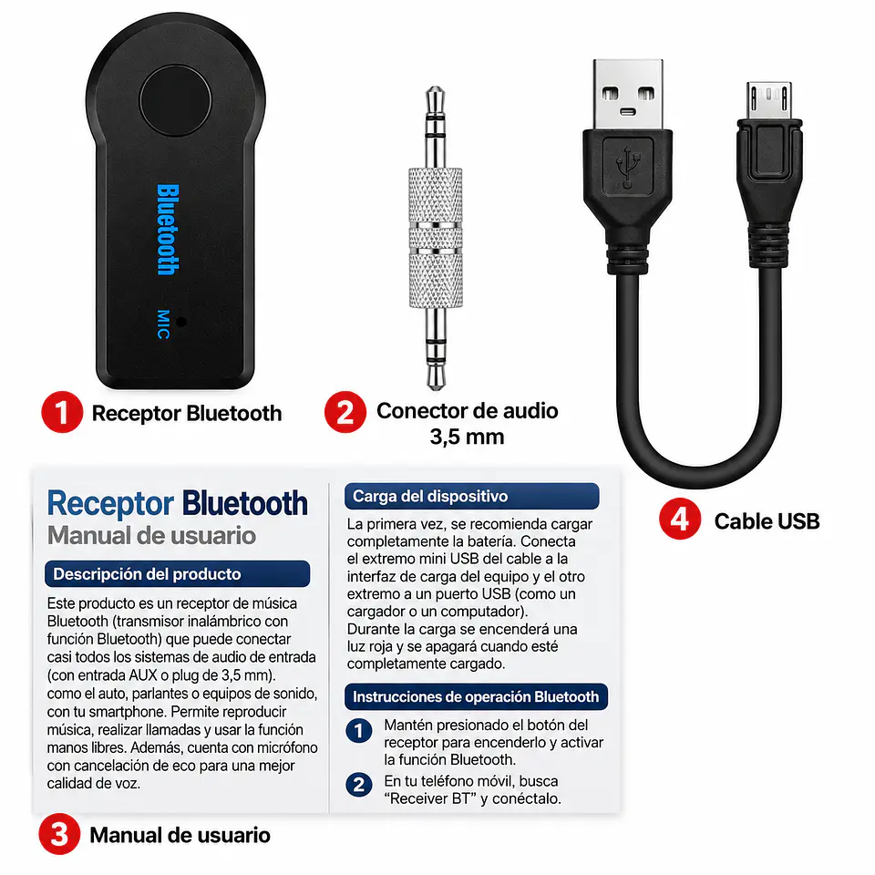Adaptador Receptor AUX a Bluetooth 3,5 mm Para Auto 3