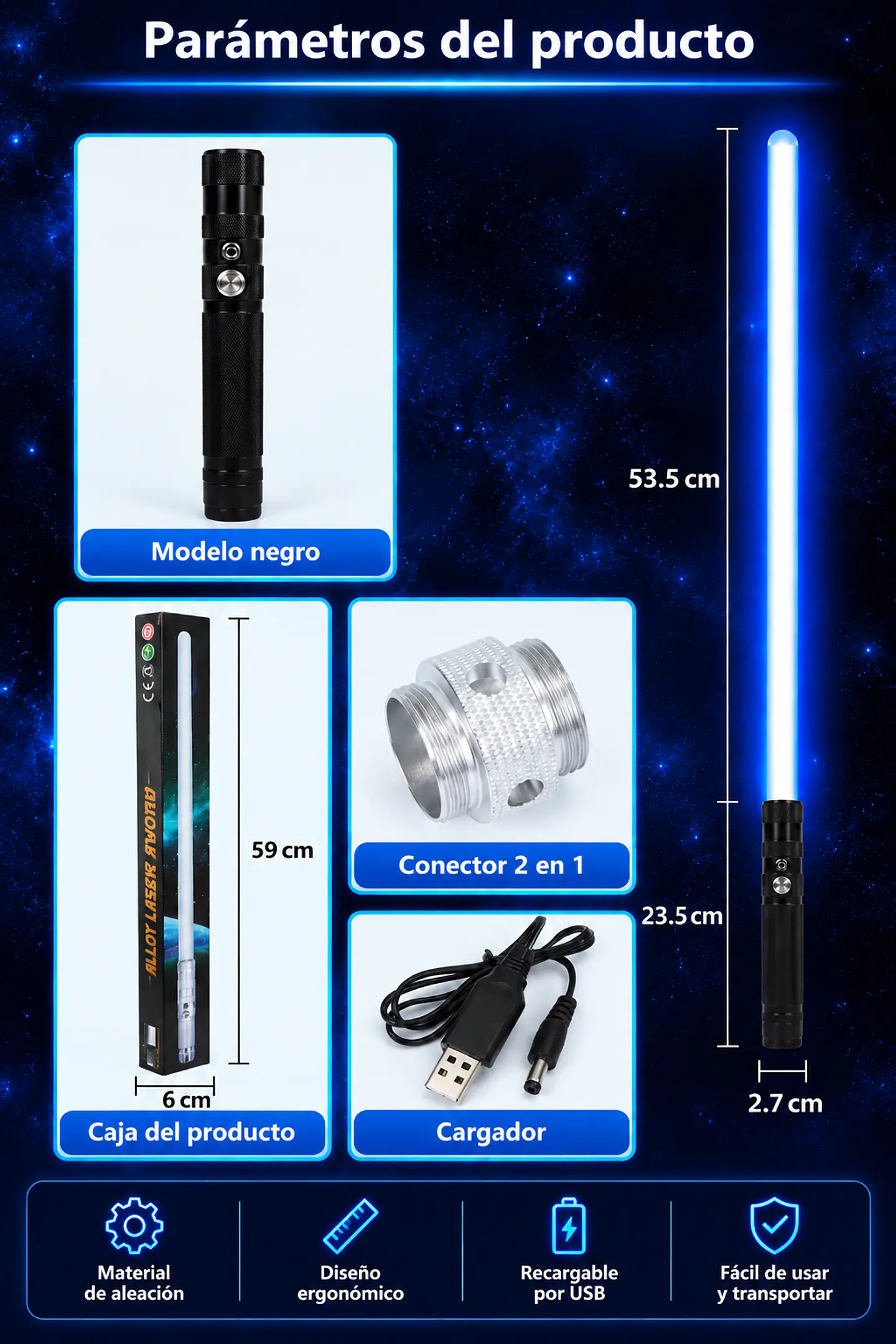 Sable Láser LED Recargable con Sonido y Mango Metálico. Estilo Star Wars 78 cms. 9