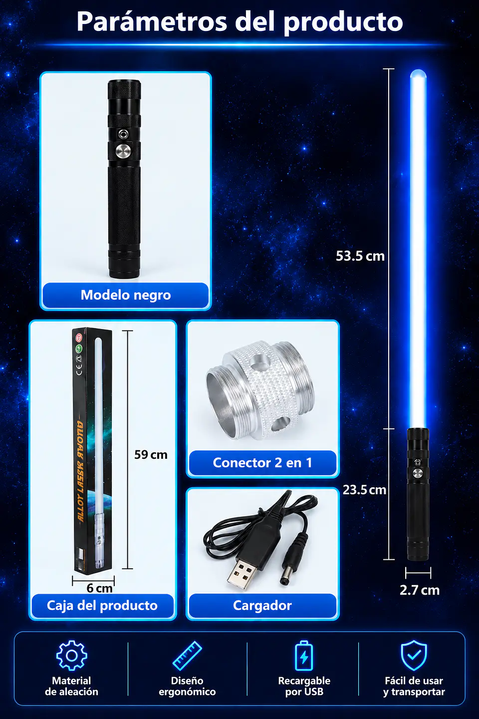 Sable Láser LED Recargable con Sonido y Mango Metálico. Estilo Star Wars 78 cms. 9