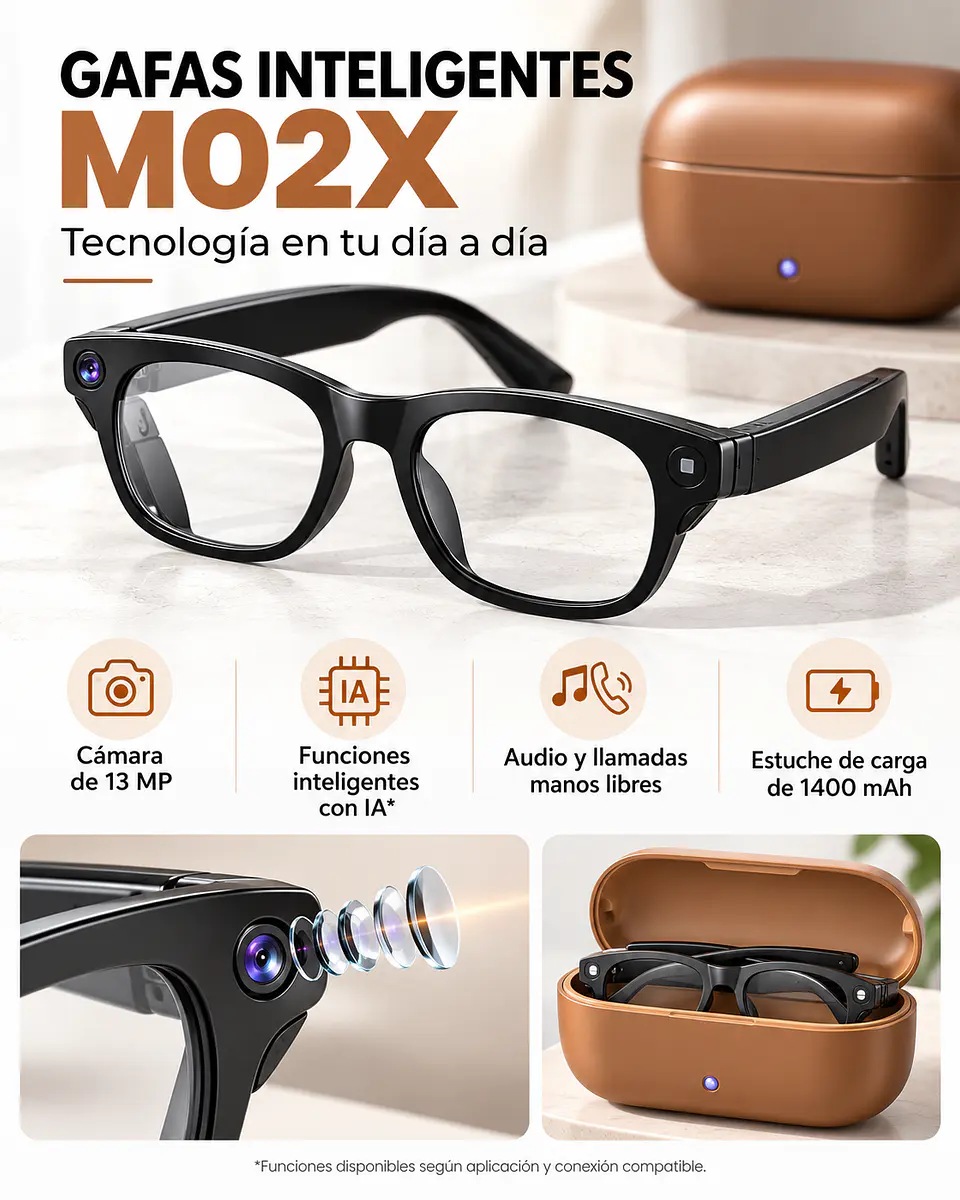 Gafas Inteligentes M02X Pro Max 13MP IA/Wifi/Cámara + Estuche de carga. USAD0 pocas veces 5