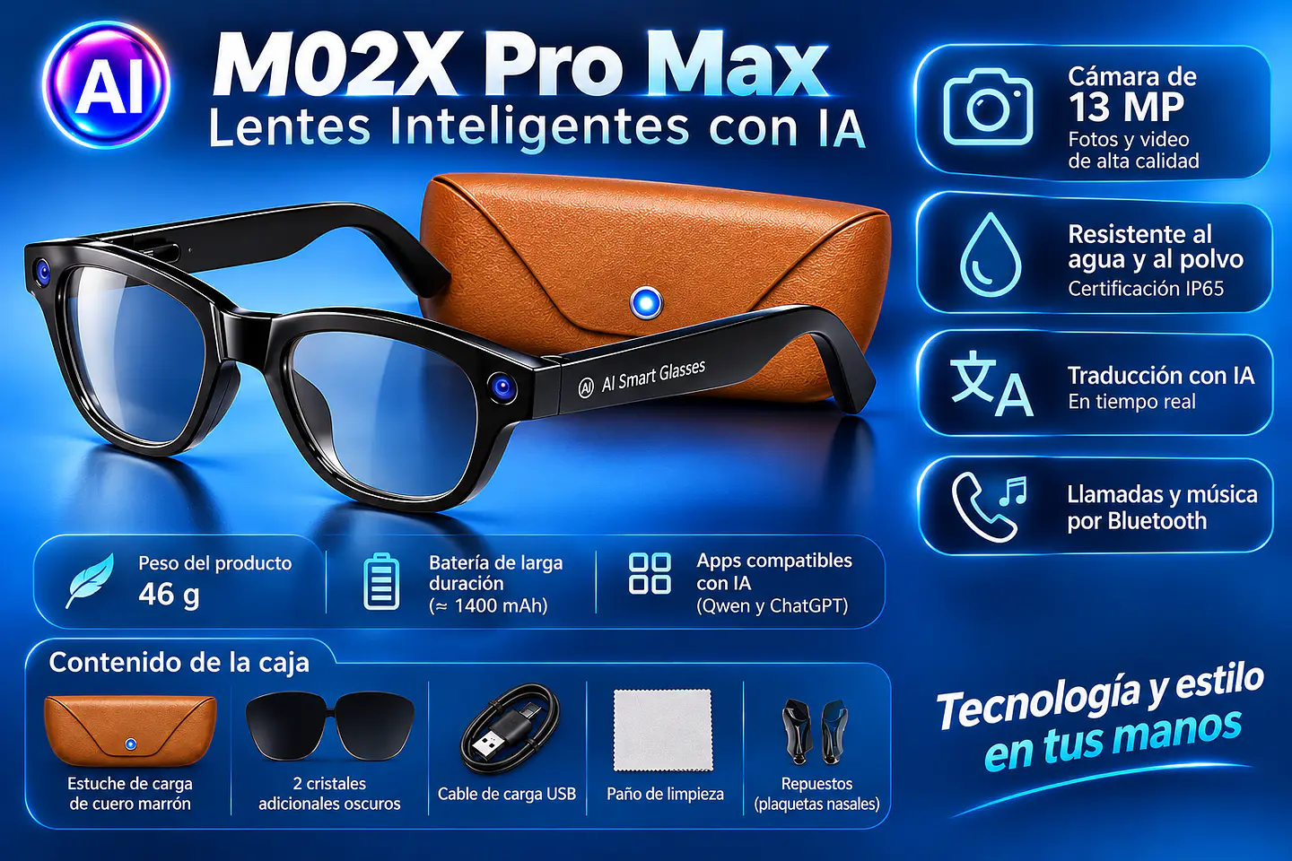 Gafas Inteligentes M02X Pro Max 13MP IA/Wifi/Cámara + Estuche de carga. USAD0 pocas veces 9