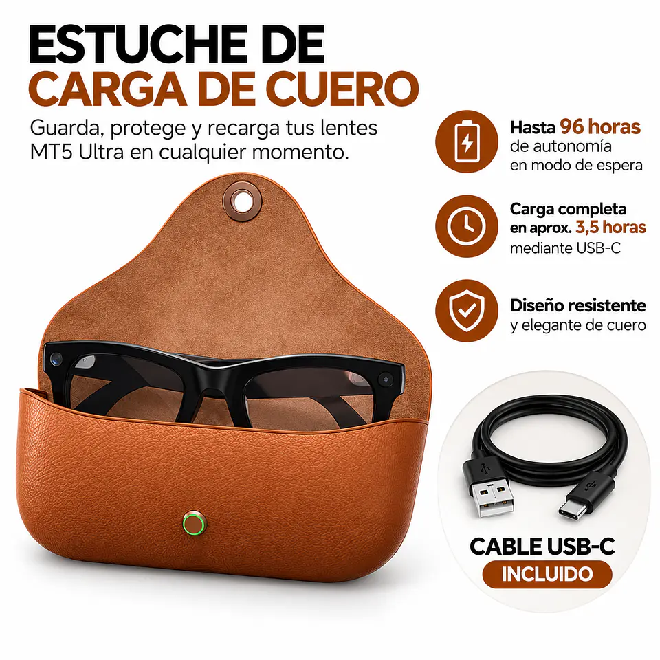 Lentes Inteligentes MT5 Ultra con IA, Cámara 8MP, Traductor y Estuche de Carga 2.000 mAh 10