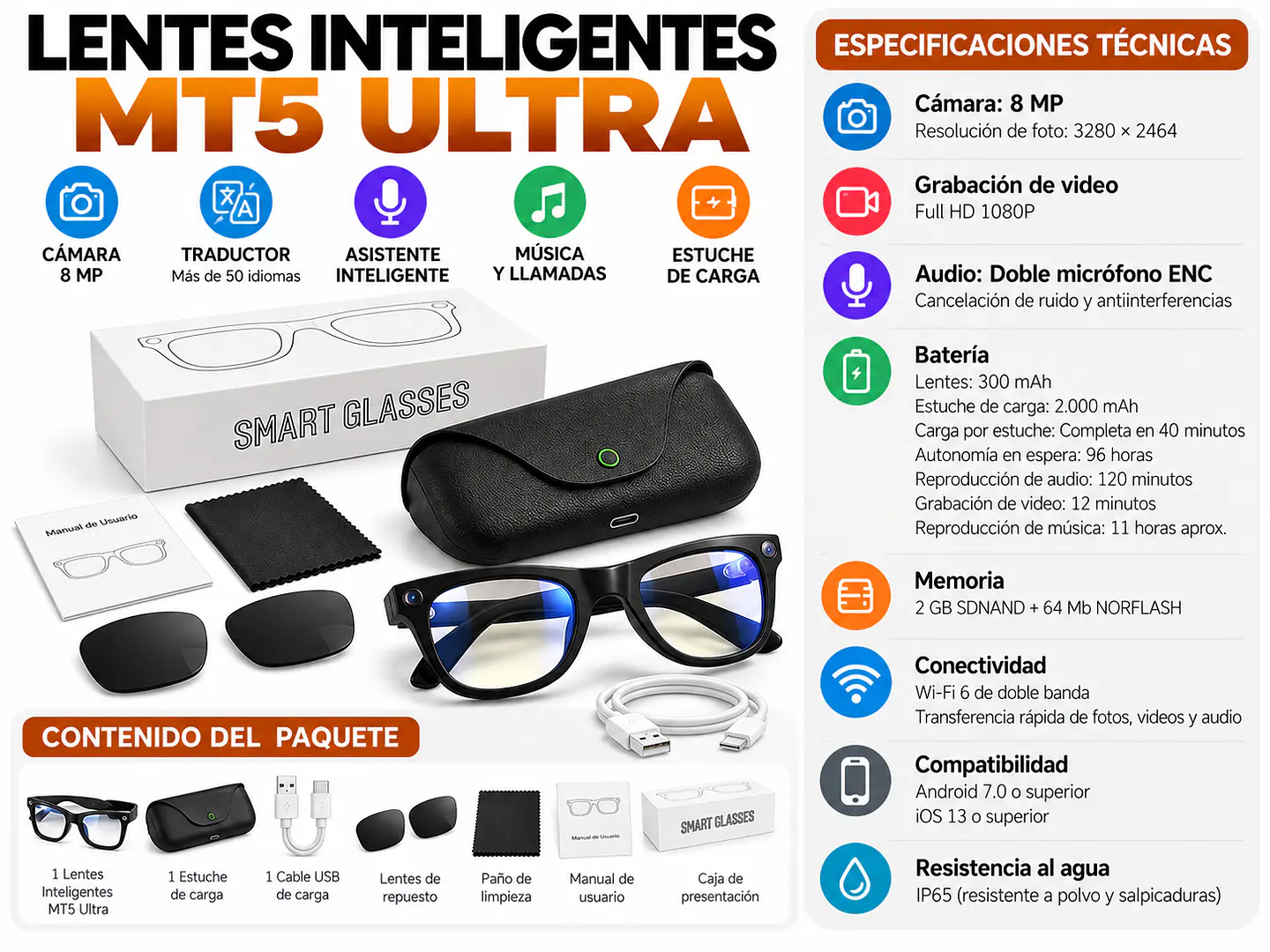 Lentes Inteligentes MT5 Ultra con IA, Cámara 8MP, Traductor y Estuche de Carga 2.000 mAh 12