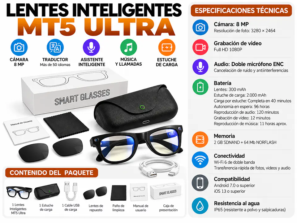 Lentes Inteligentes MT5 Ultra con IA, Cámara 8MP, Traductor y Estuche de Carga 2.000 mAh 12