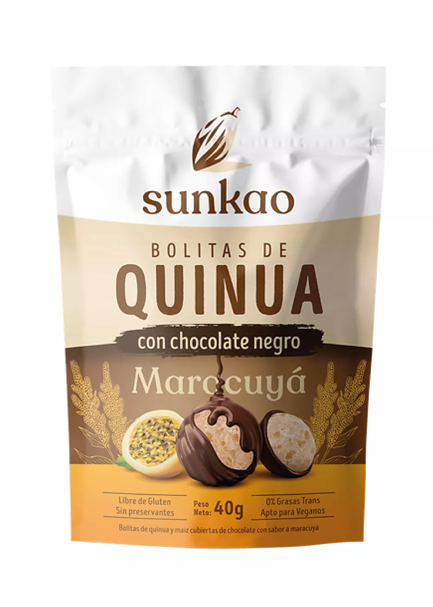 BOLITAS DE QUINUA CON CHOCOLATE NEGRO SABOR MARACUYÁ APV SUNKAO 1