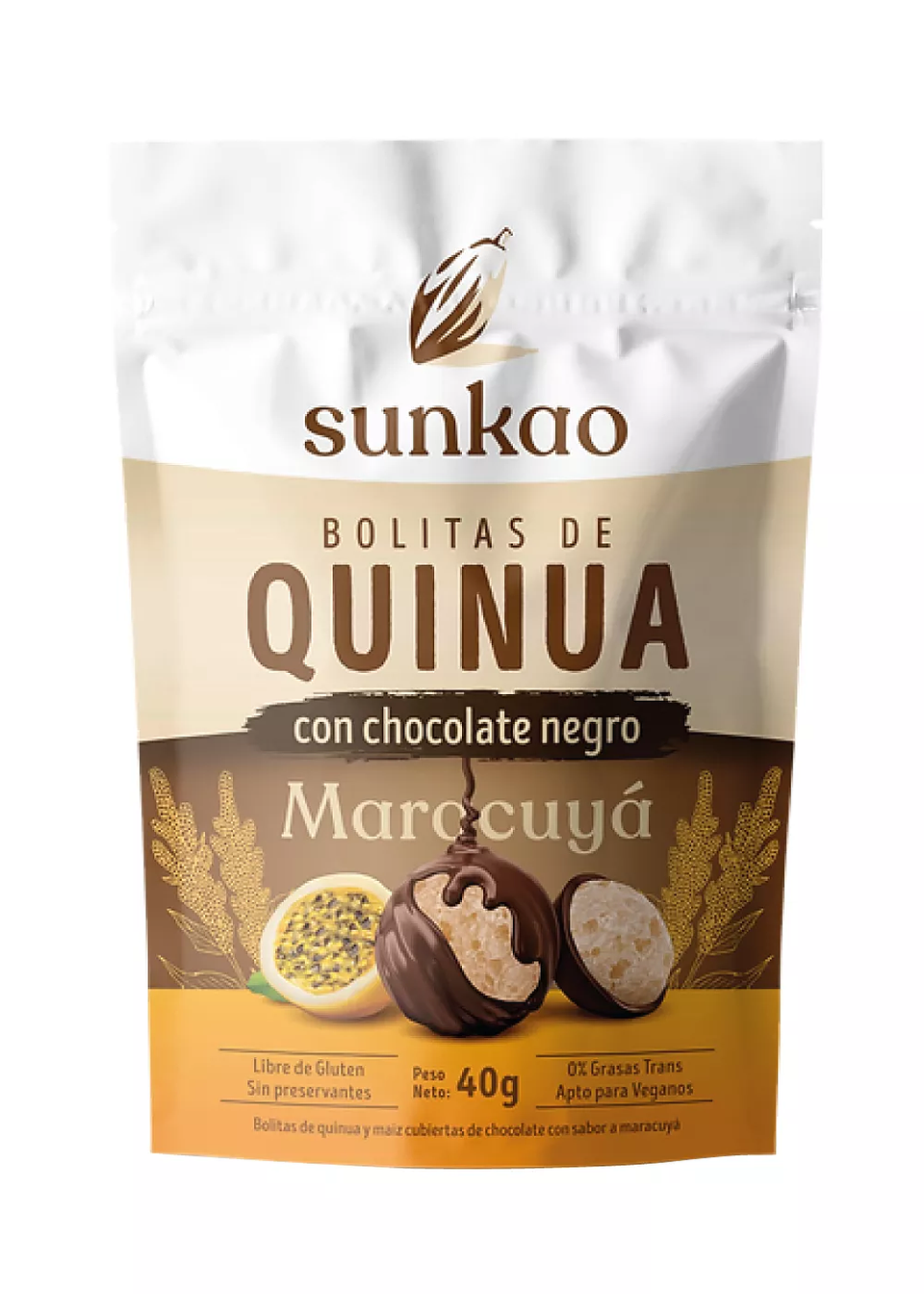 BOLITAS DE QUINUA CON CHOCOLATE NEGRO SABOR MARACUYÁ APV SUNKAO 1