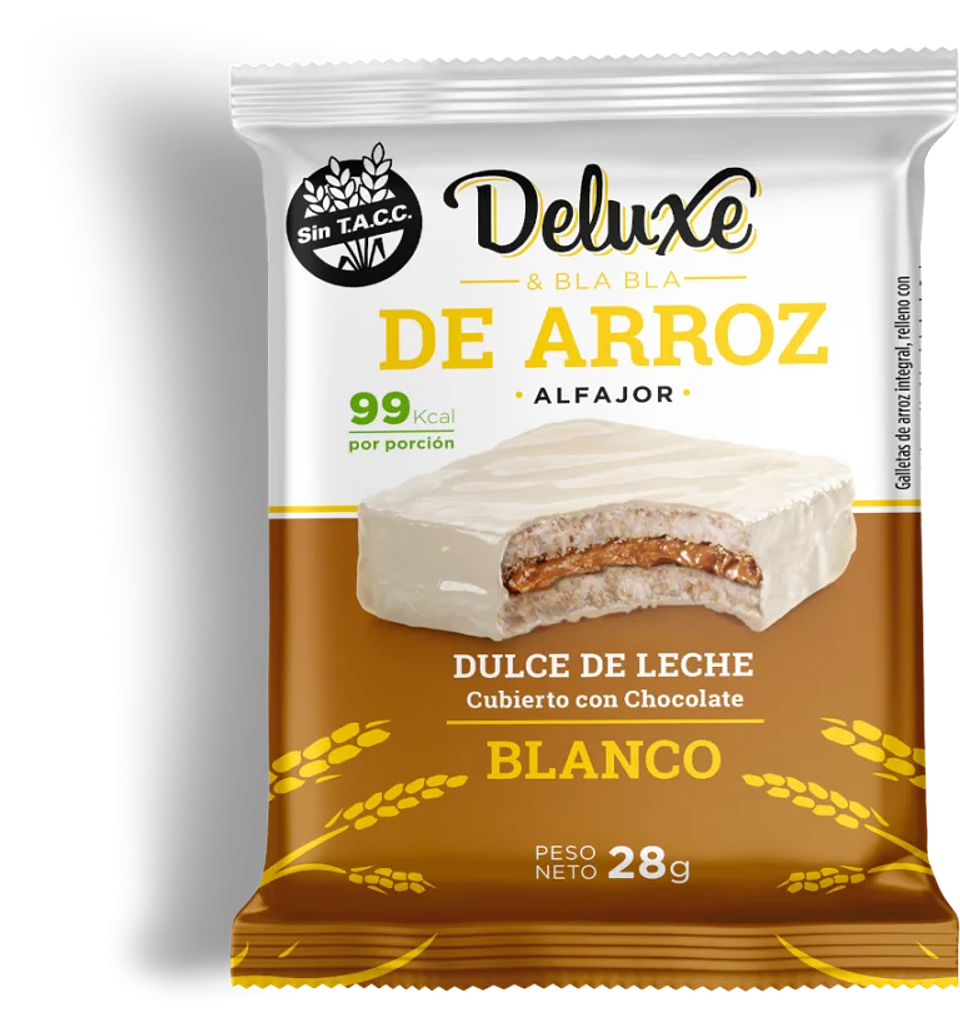 ALFAJOR DE ARROZ DELUXE BLA BLA CHOCOLATE BLANCO RELLENO DULCE DE LECHE 28G 1
