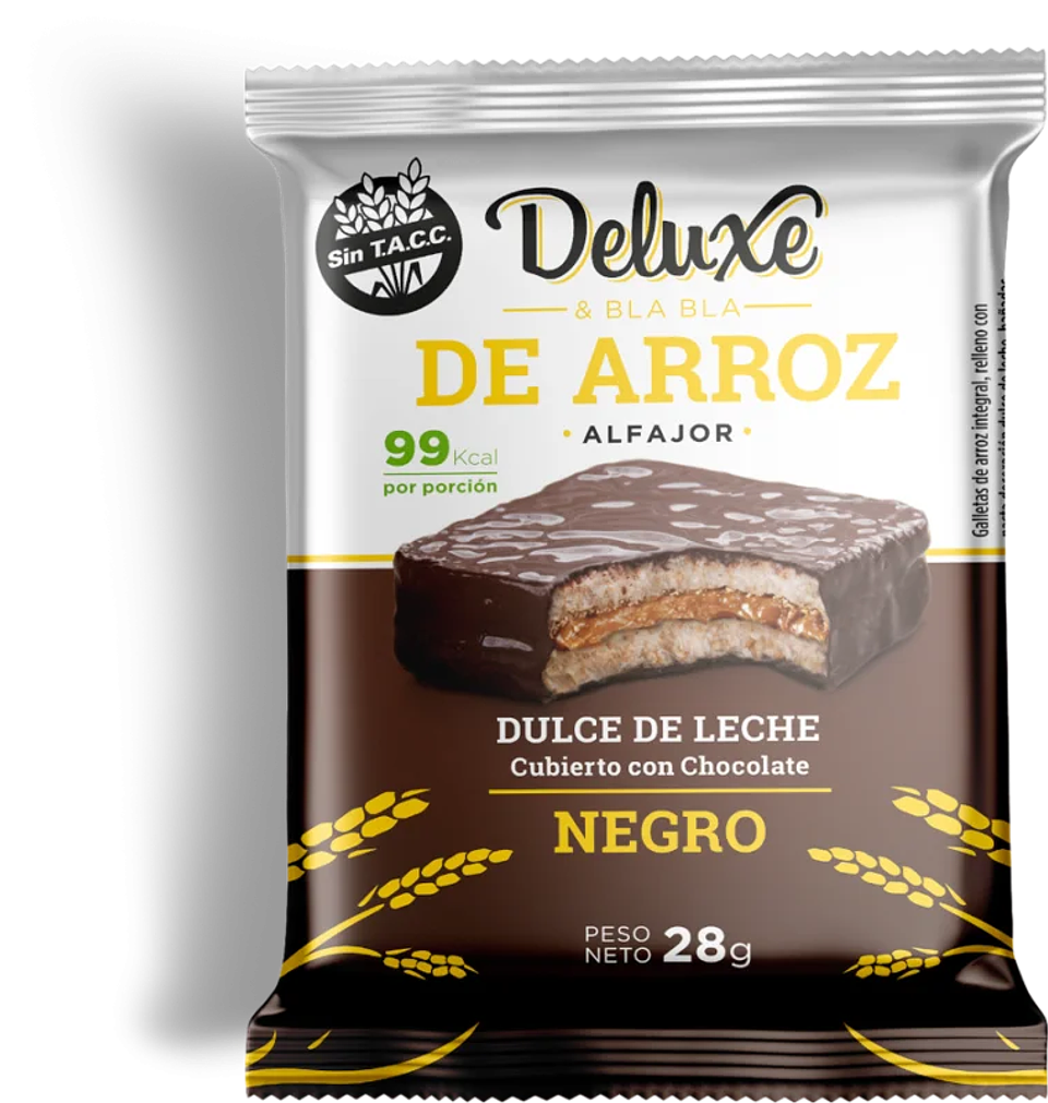 ALFAJOR DE ARROZ DELUXE BLA BLA CHOCOLATE NEGRO RELLENO DULCE DE LECHE 28G 1