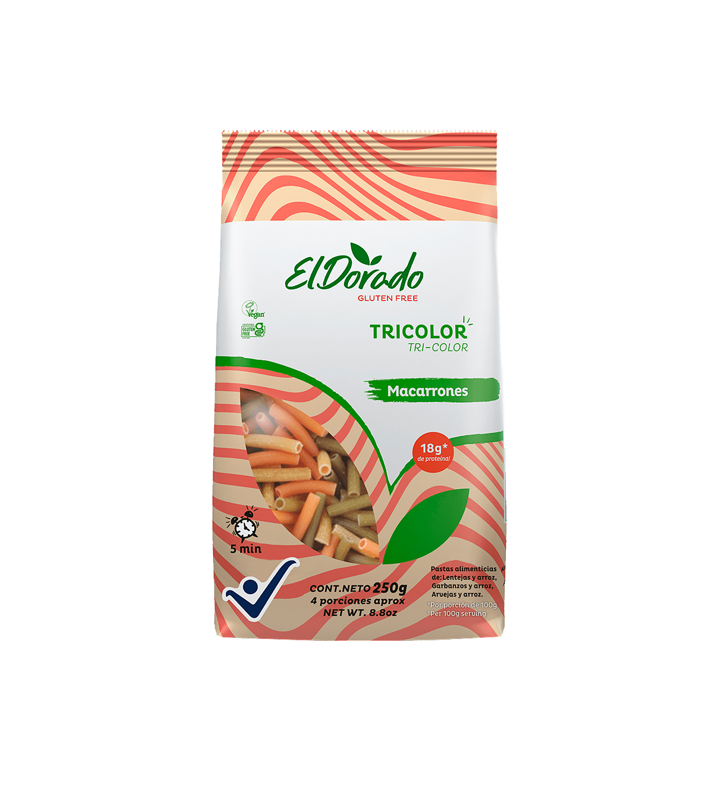 PASTA TRICOLOR MACARRONES SIN GLUTEN 250 gr EL DORADO 1