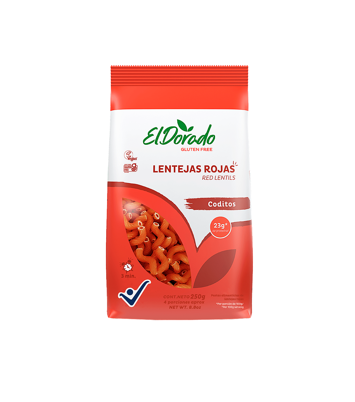 PASTA DE LENTEJAS ROJAS DE CODITOS SIN GLUTEN 250 gr EL DORADO 1