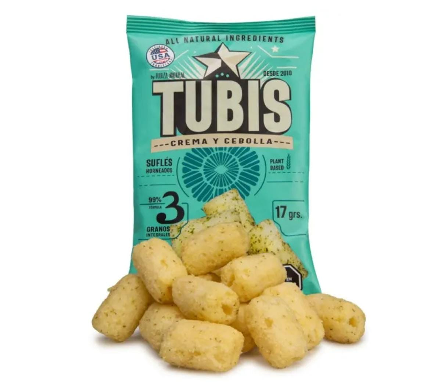 TUBIS SNACK SALADO SABOR CREMA Y CEBOLLA DE 17 GR FUERZA NATURAL 1