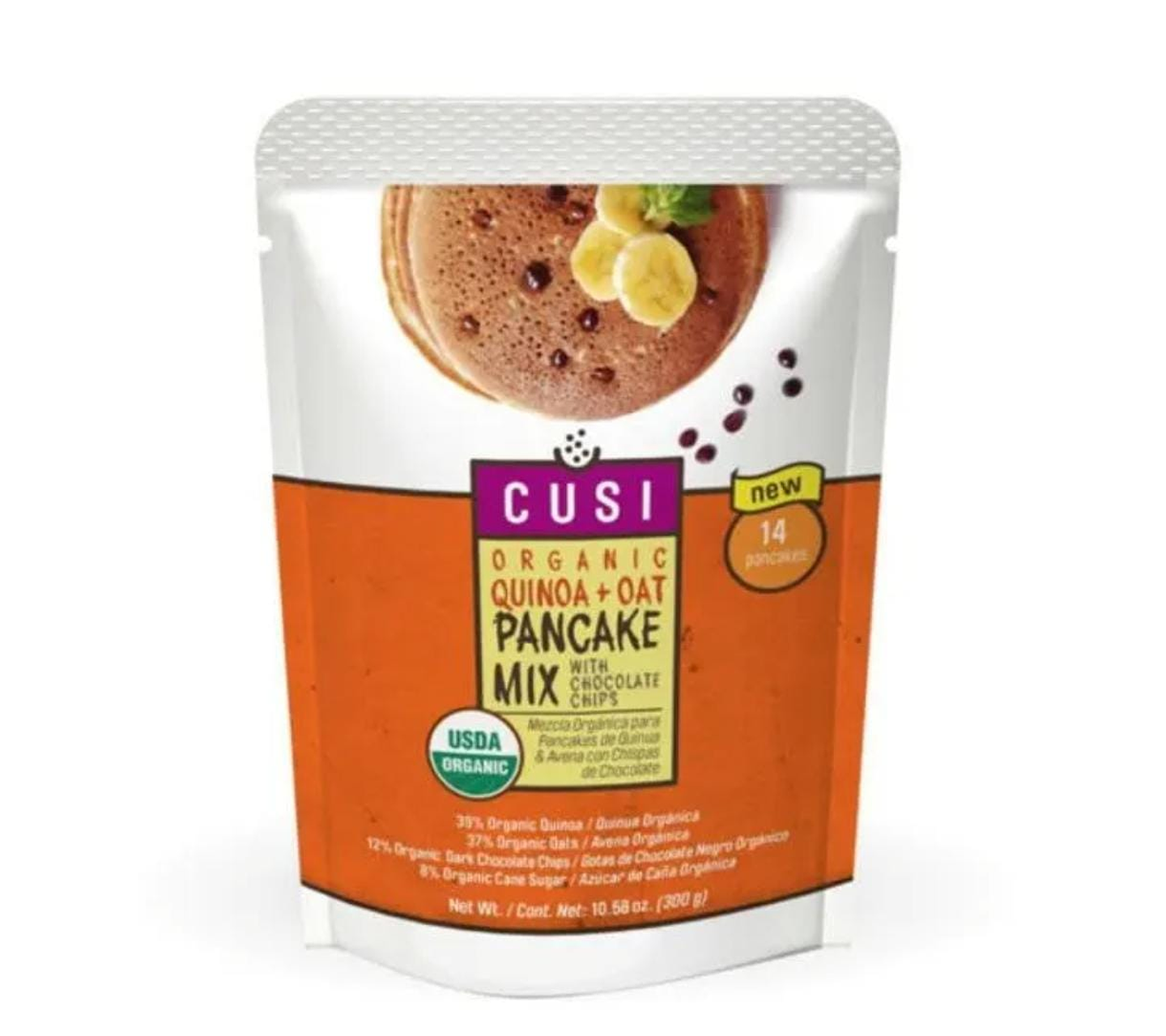 PREMEZCLA ORGANICA SIN GLUTEN PARA PANQUEQUES DE QUINOA AVENA CON CHIPS CHOCOLATE 300G CUSI 1