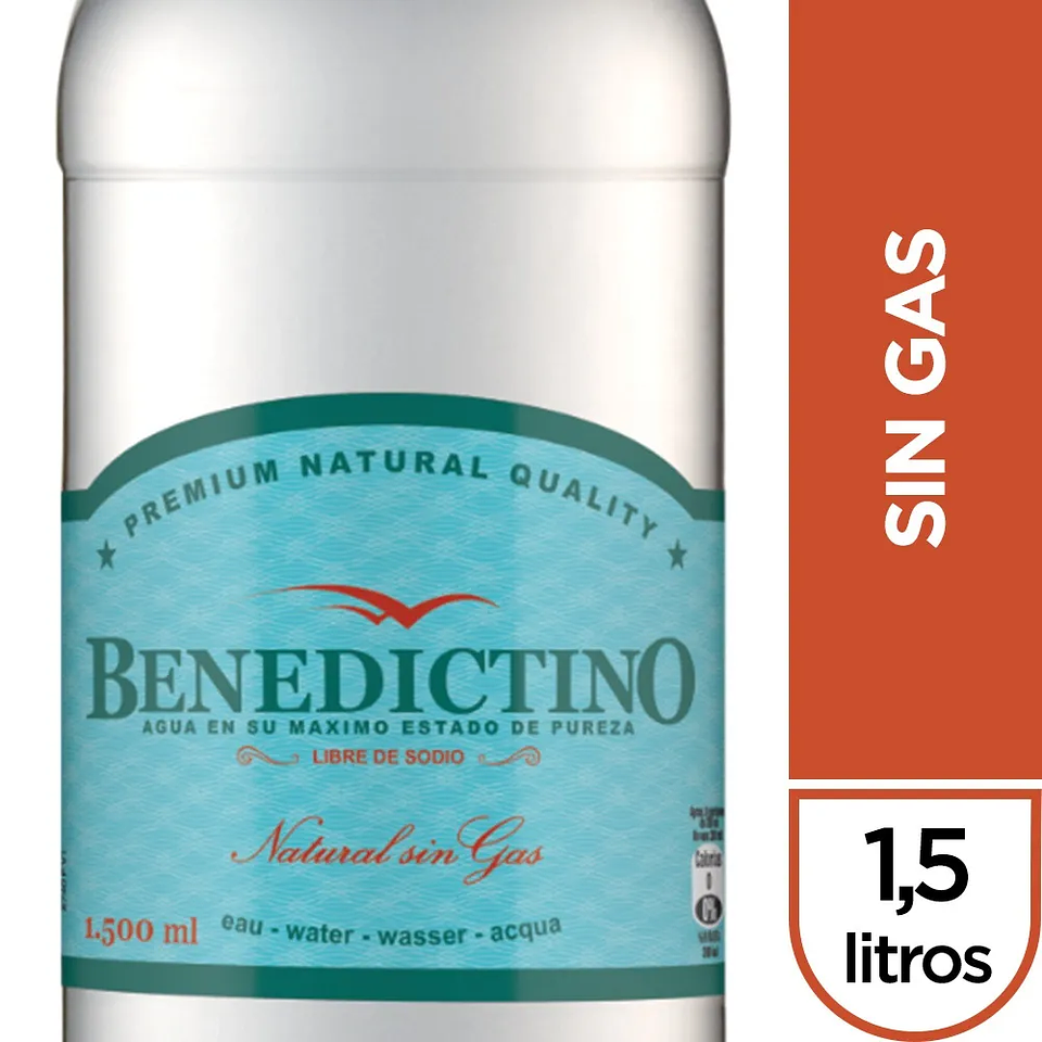Agua purificada Benedictino sin gas botella 1.5 L 1